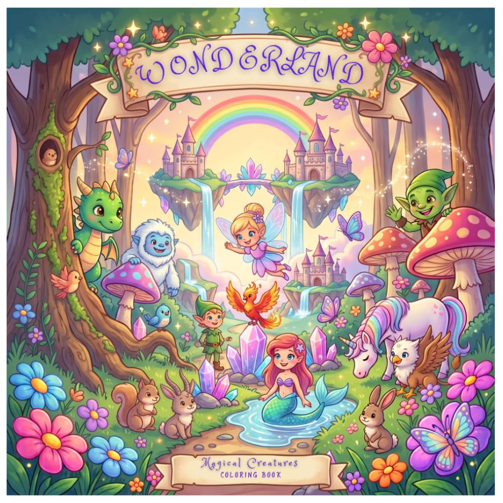 Wonderland Magical Creatures Coloring Book for Kids Ages 4+: Cute Goblins, Dragons, Fairies, Unicorns & More | Easy Fantasy Coloring Pages for Toddlers and Preschoolers