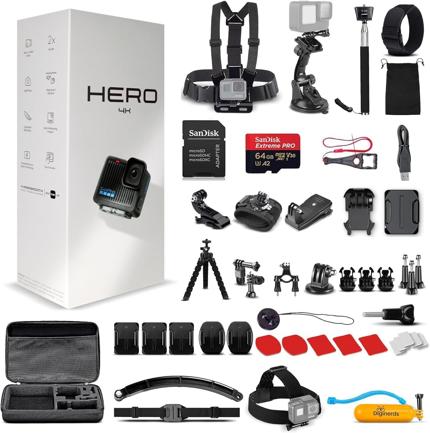 Hero (Go Pro Hero) Black Compact - Waterproof Action Camera with 4K Ultra HD Video, 12MP Photos, Stabilization + 50-in-1 Accessory Kit + 64GB Card + More