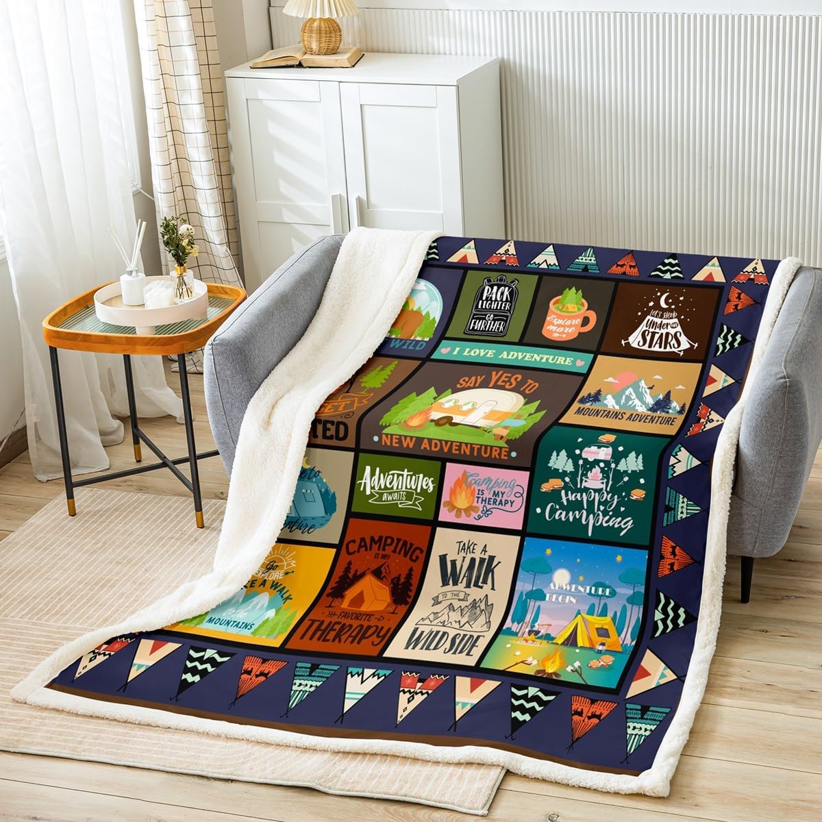 Cute S'Mores Fleece Throw Blanket Twin 60"x80" Kids Marshmallow Plush Blanket for Bed Sofa Couch Boys Teens Happy Camping Sherpa Blanket Outdoor Adventure Fuzzy Blanket