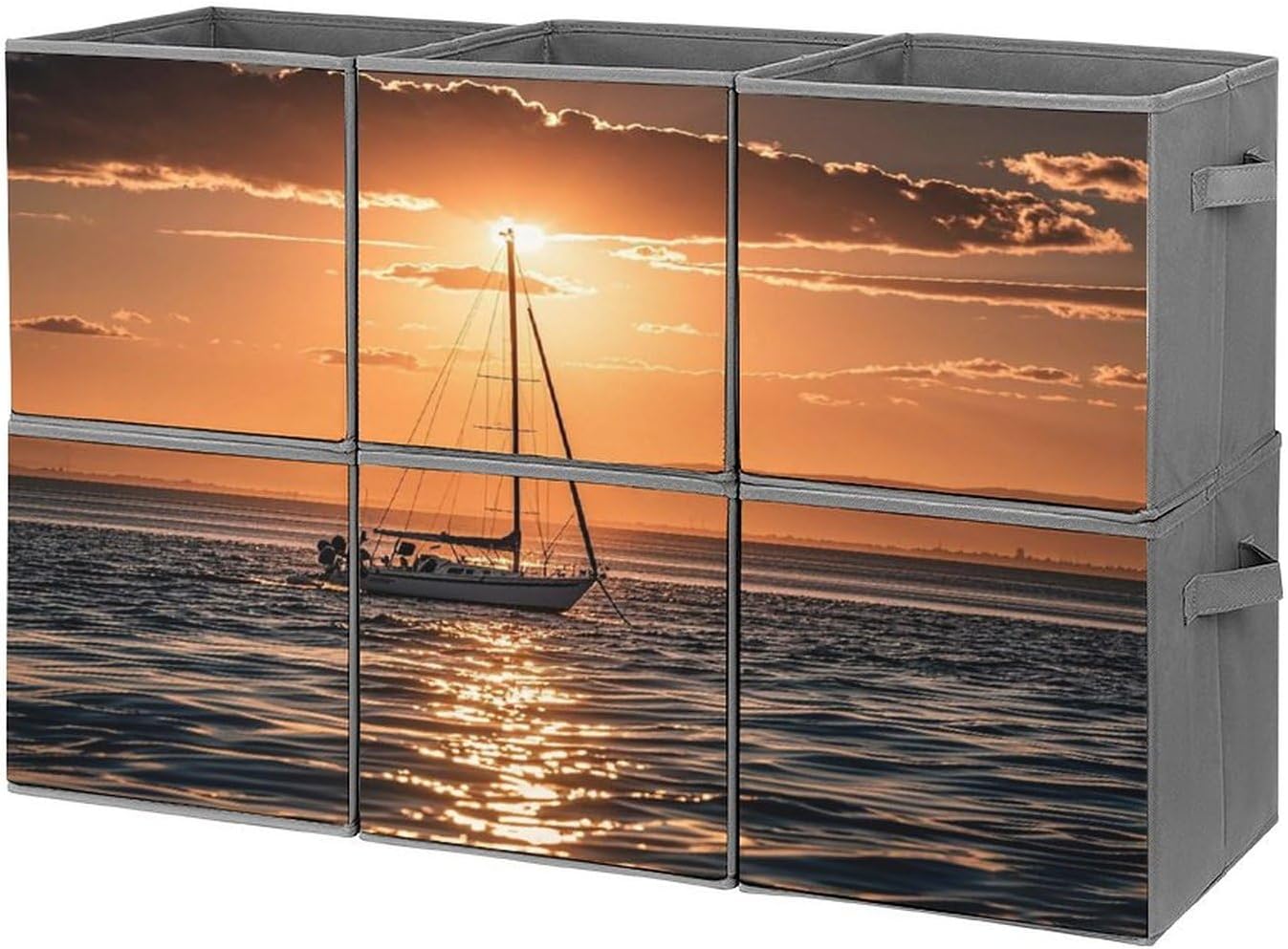 Multi Use Organizer Bins, Sunset Seascape Sailboat Floating Printed Storage Bins, Foldable Storage Baskets Are Suitable For Bedrooms, Offices, And Cars