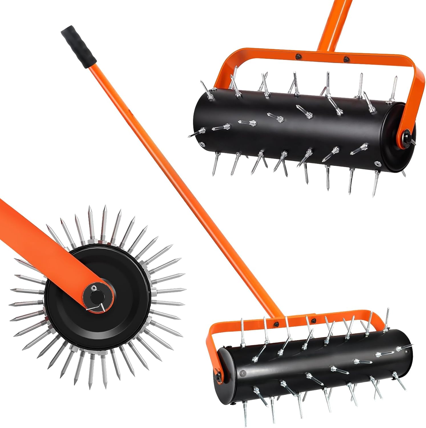 Rolling Lawn Aerator, Heavy Duty Hand Manual Spike Roller with 42 Spikes, Aerator Tool with 71" Adjustable Handle, Pre-Attached Spike Soil Push Lawn Aeration for Garden Yard Patio