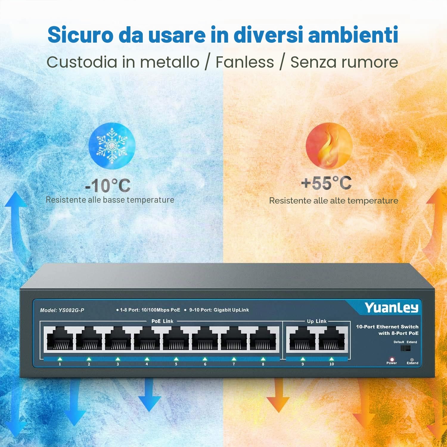 YuanLey 10 Port PoE Switch, 8 PoE+ Port 100Mbps, 2 Uplink Gigabit, 120W 802.3af/at, Funzione Estesa, Plug & Play Non Gestito Senza Ventola in Metallo