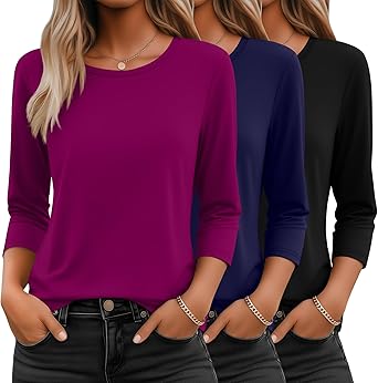 Ficerd 3 Pack 3/4 Sleeve Tops for Women Round Neck Dressy Basics Tees Casual Trendy Loose Fit T Shirts