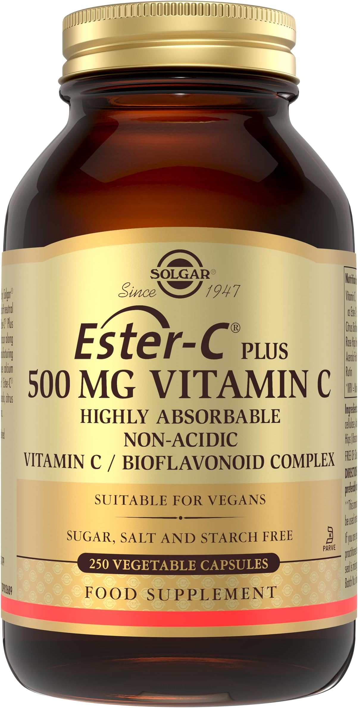 Ester-C Plus 500 mg Vitamin C Vegetable Capsules - Food Supplement, Pack of 250 - Immune System Support - Ideal for Sensitive Stomachs - Vegan, Gluten Free