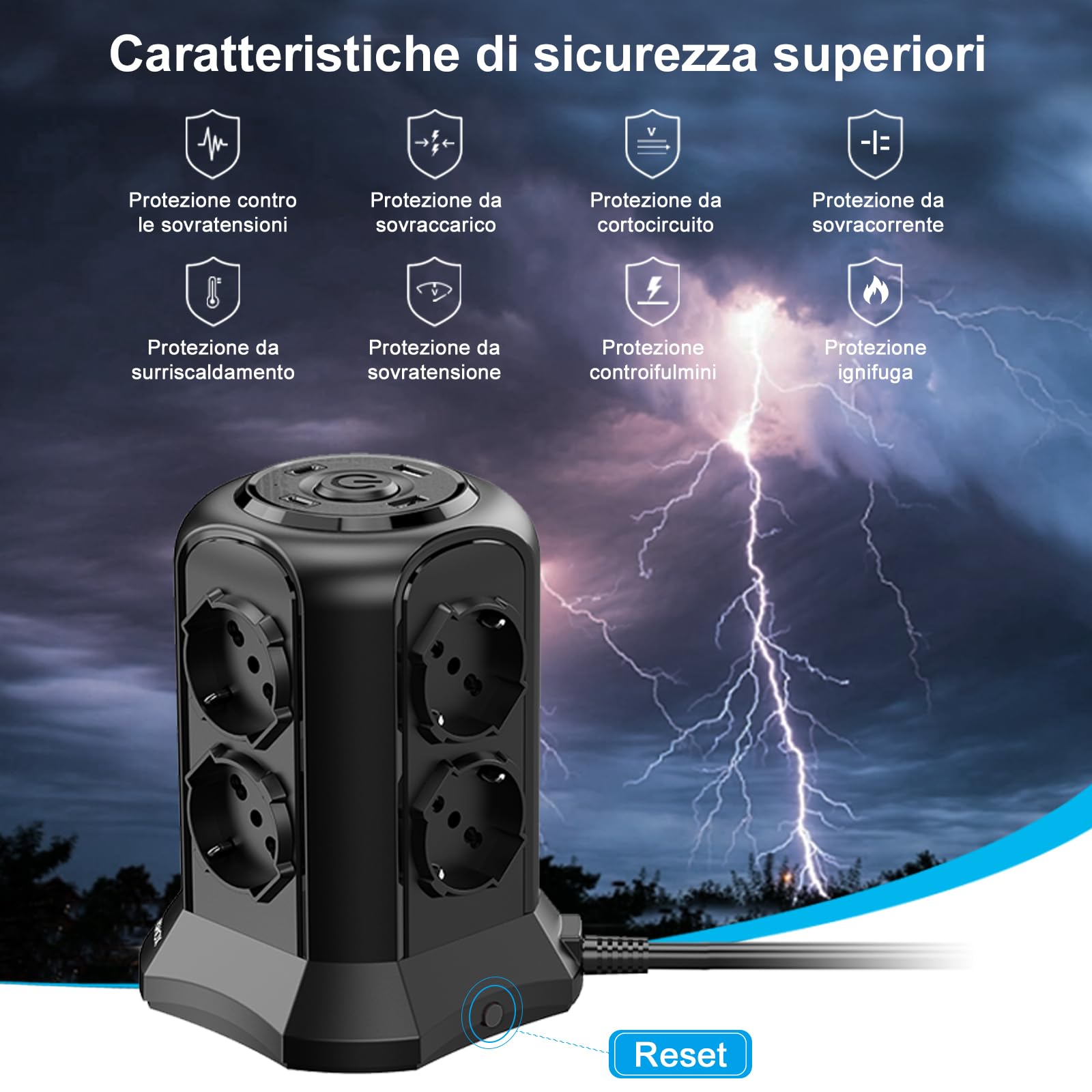 NVEESHOX Ciabatta Multipresa Verticale con 8 Prese | Multipresa con 2 USB C + 2 USB A(USB-C1 20W PD3.0), 4000W/16A, protezione sovratensione con Interruttore, 5M Cavo (Nero)