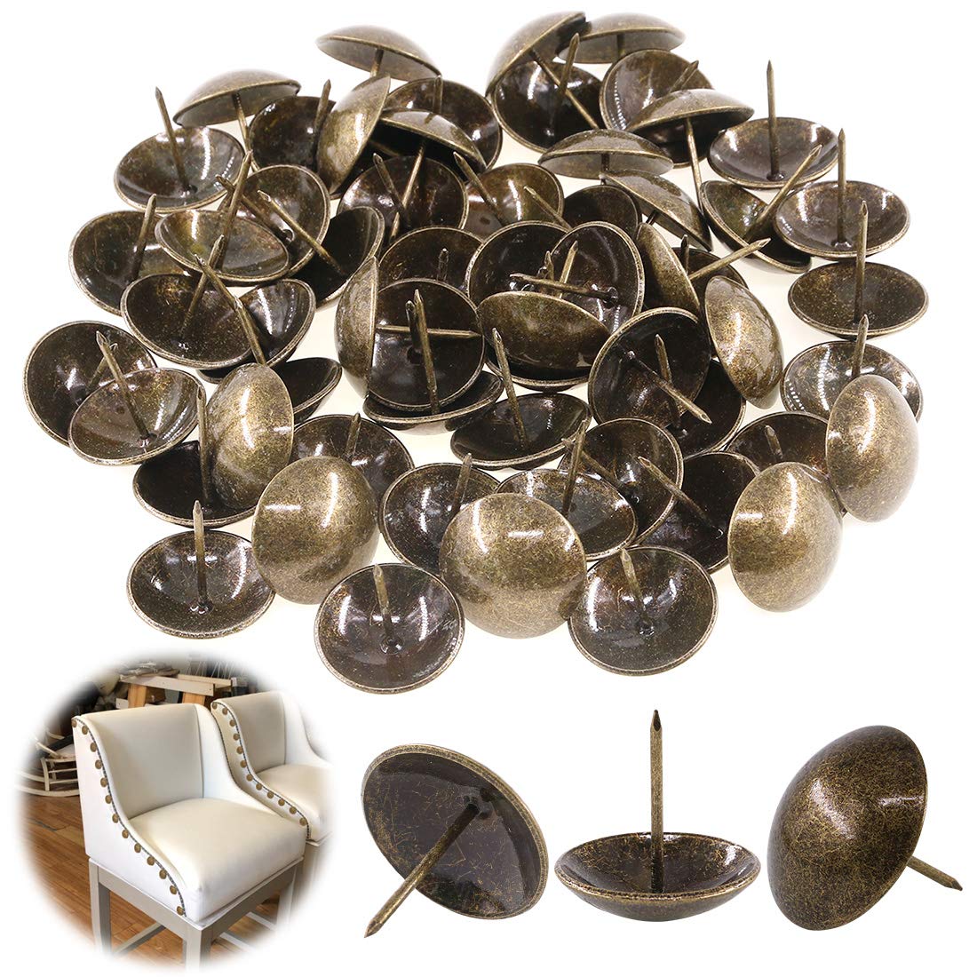 Keadic Bronze 60Pcs [ 1-3/16" In Diameter ] Antique Upholstery Tacks Furniture Nails Pins Assortment Kit For Upholstered Furniture Cork Board Or Diy Projects