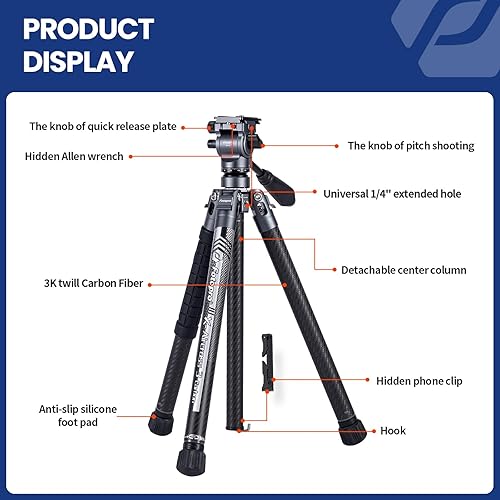 Miniatura 7 de Fotopro X-Aircross 3 Lite Video - Trípode ligero para cámara de viaje de 64 pulgadas con cabezal fluido, 2.27 libras, ultra ligero, portátil,