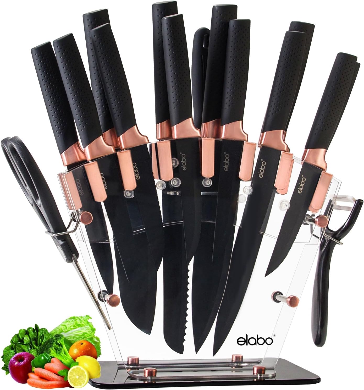 elabo Kitchen Knife Set with Block – 16 Pcs Stainless Steel Knives Set for Kitchen, Includes 6 Sharp Kitchen Knives, 6 Serrated Steak Knives, Scissor, Sharpener, Acrylic Block Knife Set (Rose Gold) elabo Kitchen Knife Set with Block – 16 Pcs Stainless Steel Knives Set for Kitchen, Includes 6 Sharp Kitchen Knives, 6 Serrated Steak Knives, Scissor, Sharpener, Acrylic Block Knife Set (Rose Gold)