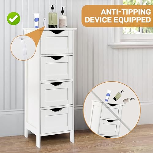Miniatura 5 de Bonnlo Armario de almacenamiento de baño delgado de madera lateral con 4 cajones, pequeño gabinete de piso independiente, organizador delgado de 12