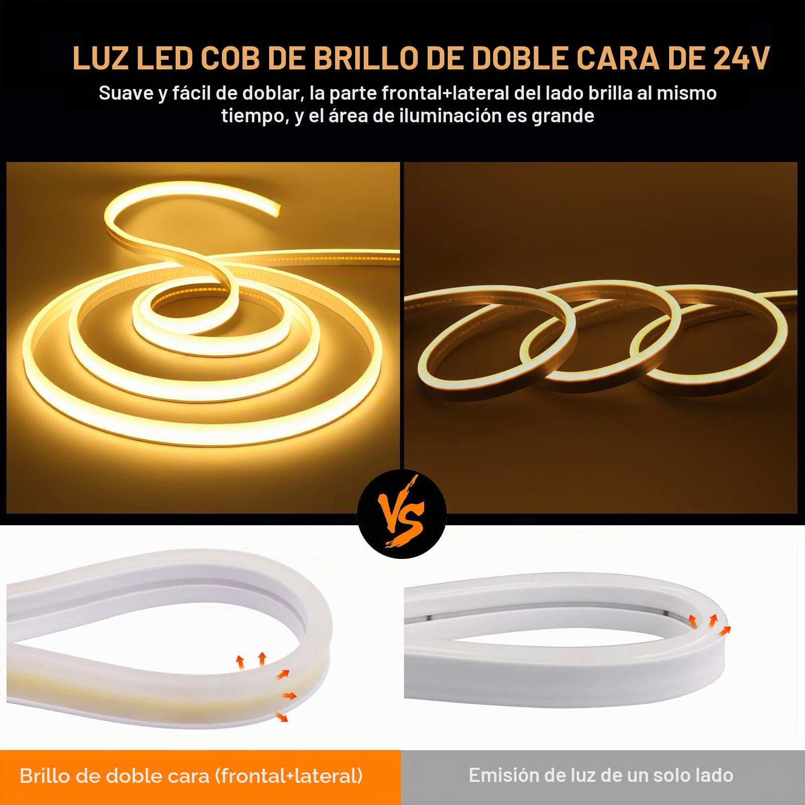 24V Tira LED de neón COB[10M,Blanco 6000-6500K],flexible e impermeable IP67,8 modos,alimentación por USB/energía solar,320LEDs/m,1200mAh Tiras LED,iluminación decorativa para el hogar