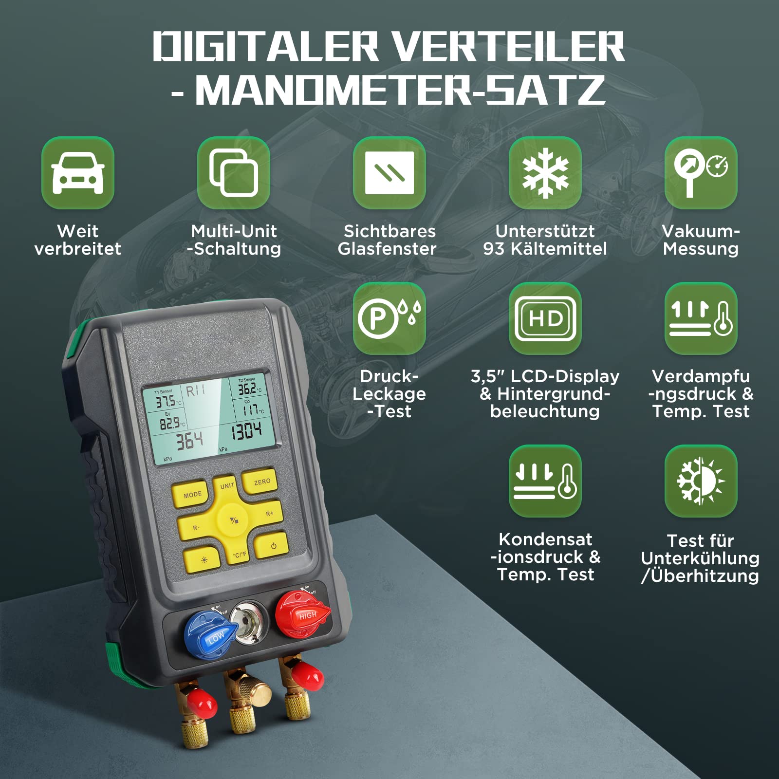 KAISAL Digitale Monteurhilfe Klimaanlage Kältemittel R410a R32 R22 R1234YF HVAC Manifold Messgeräte Druck- und Temperaturprüfung Auto AC