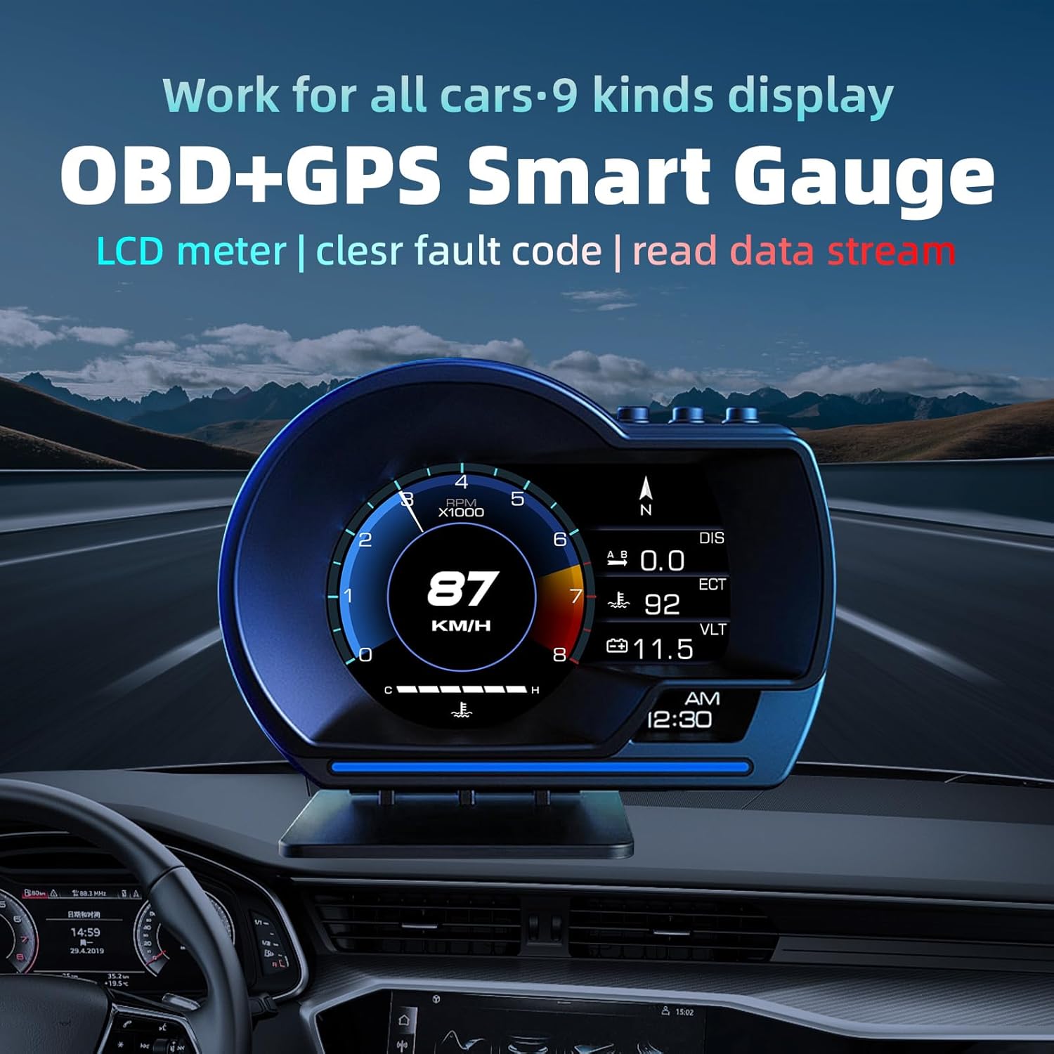 ARTILAURA OBD2+GPS Dual Mode Smart Gauge, OBD2 GPS Head-Up Display (HUD) - Driving Data Monitor (Speed, RPM, Fuel, Temp) | Fault Code Scanner, Alerts, 10 Interface | 2 Installation Ways for Cars