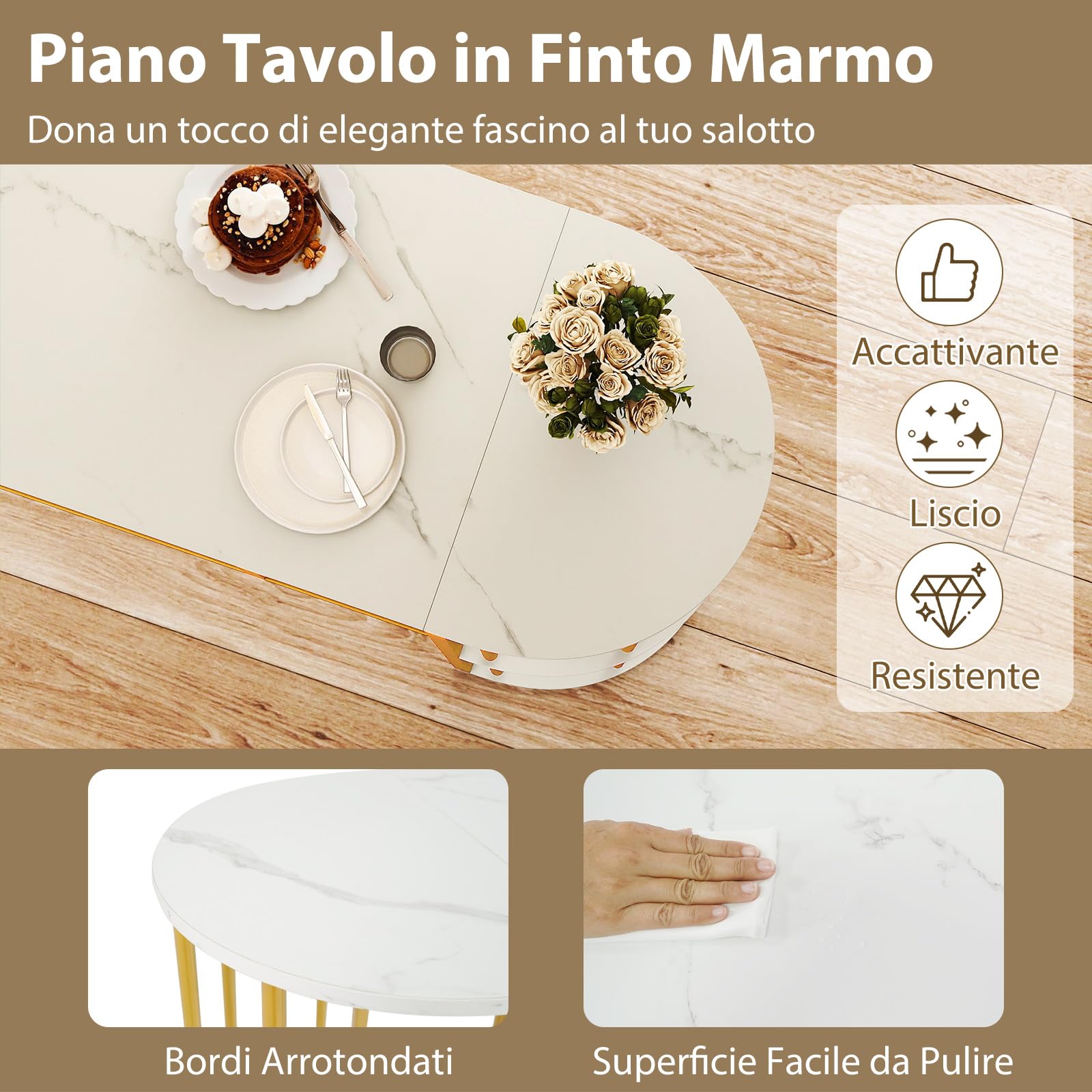 COSTWAY Tavolo da Bar Alto, Tavolino da Cucina Moderno con Piano in Finto Marmo, 4 Ripiani Laterali e Struttura in Metallo, Bancone Cucina da Casa per Soggiorno e Sala da Pranzo (Bianco)
