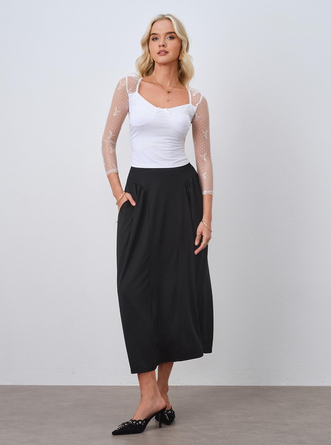 Women's Casual A Line Midi Skirt High Waisted Curved Gathering Flowy Long Skirts with Pockets - Image 6