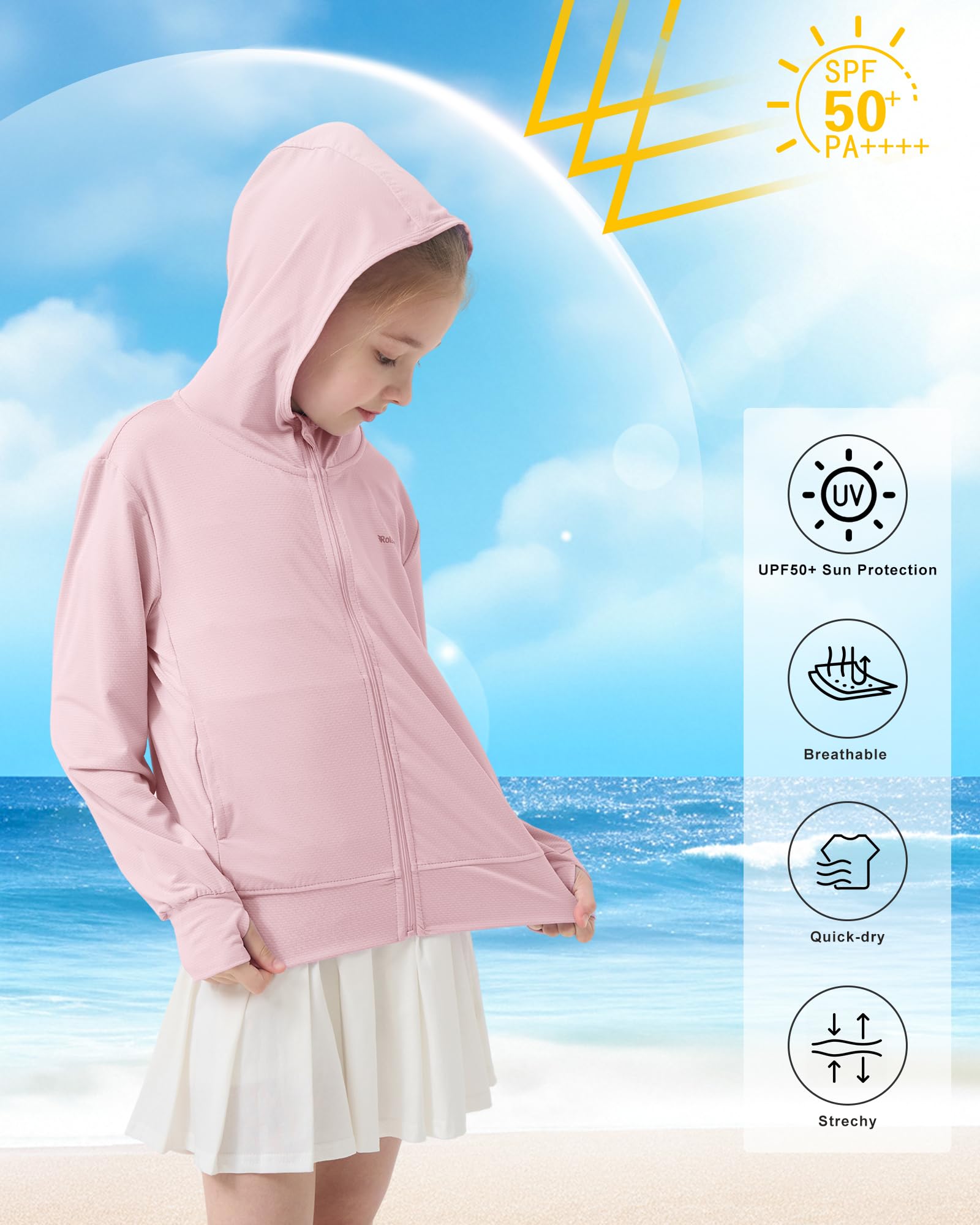 Rolanko Mädchen Sommerjacke mit Daumenlöchern Langarm Sonnenschutz Schnell Trocknend Reißverschluss Hoodie Kinder Rash Guard Tops