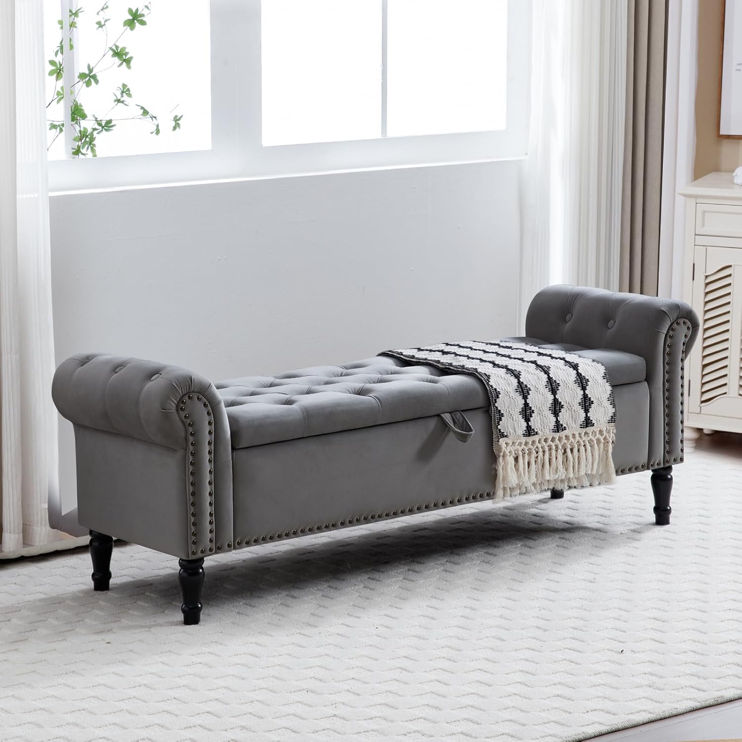 67'' End of Bed Bench King Size, Storage Bench for Bedroom End of Bed, Upholstered Tufted Storage Ottoman Benches with Arms for Living Room, Entryway, Windows, Velvet Dark Grey