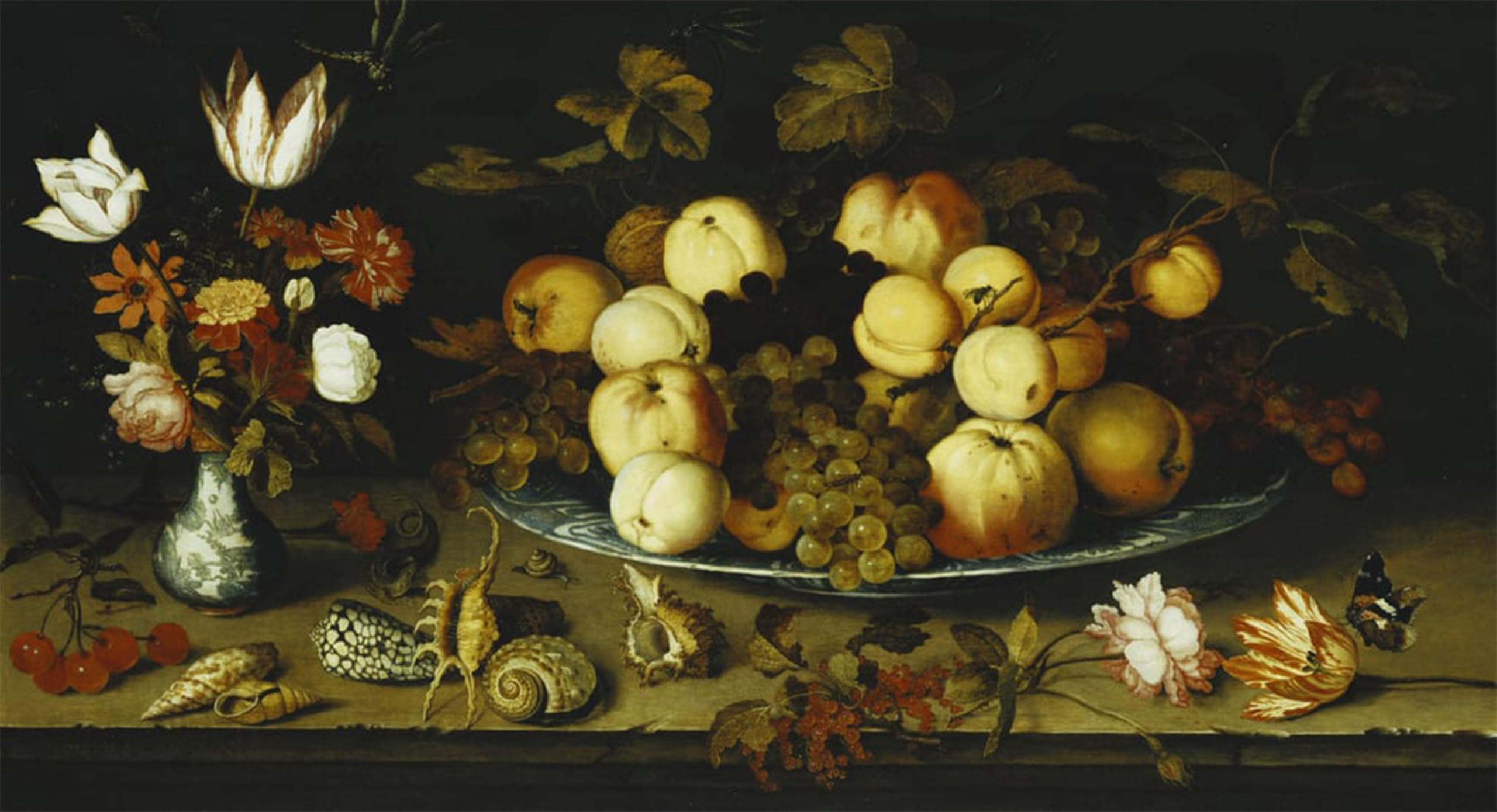 ARTXLXXBN Famous Print Painting Colorful Art Print Fruit on a Dish Flowers in a Wanli Kraak Porselein Vase by Balthasar Van Der Ast Canvas Art Decorations for Home Decor 60x90cm