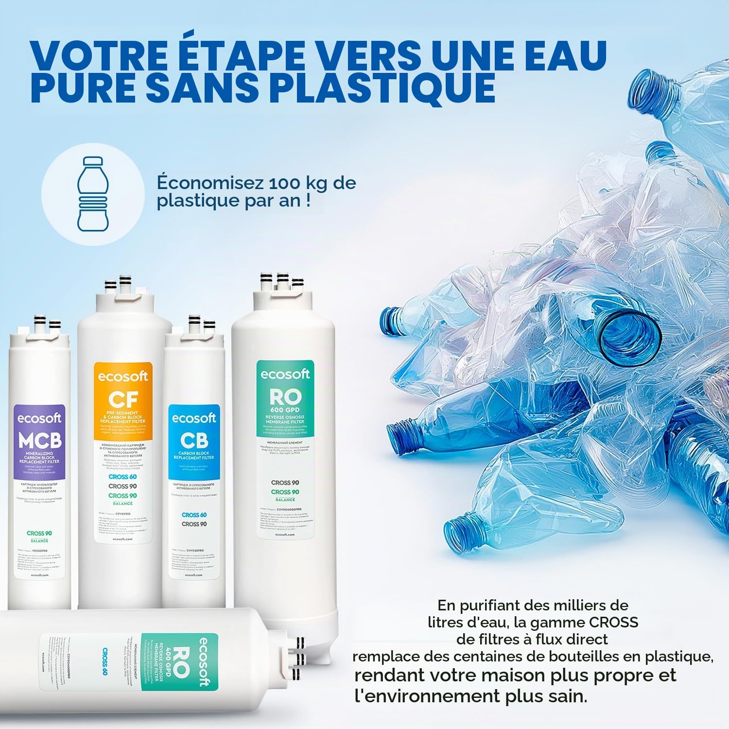 Ecosoft CF Préfiltre complexe pour filtres CROSS, élimination des sédiments et du chlore, installation facile pour système d'osmose inverse CROSS 90, remplacement tous les 12 mois