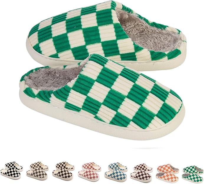 Green-checkered fuzzy slippers