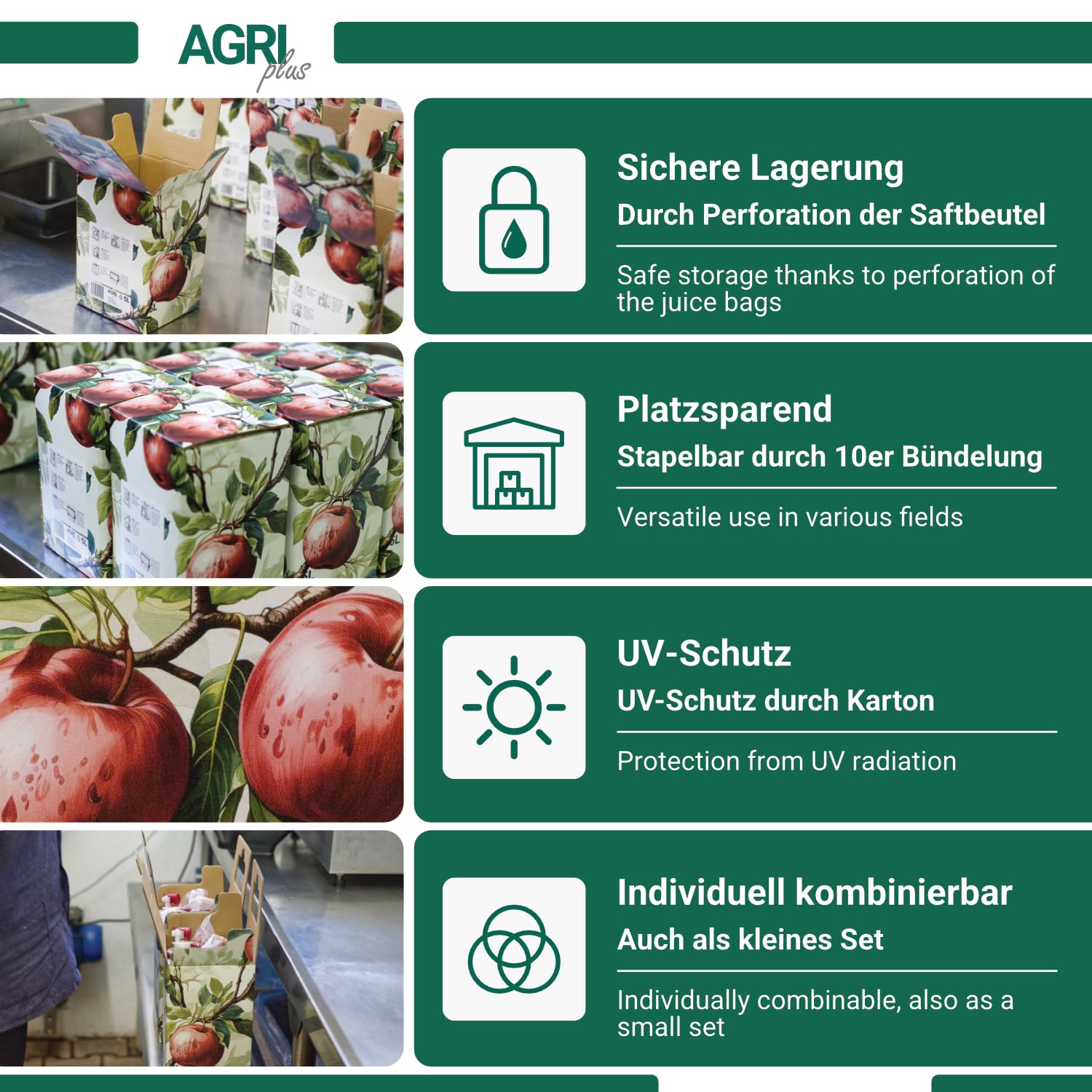 AGRI plus Bag-in-Box-Beutel mit Karton I 3 Liter I 50 Stück I Hochwertiges Saftbeutel-Set mit Rote-Äpfel-Motiv I Bis zu 40 x wiederverwendbar I Standboden-Beutel für Apfelsaft, Saft & Wein