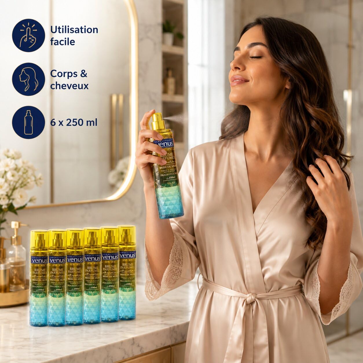 Venus Brume Parfumée Brise de Musk 250ml – Pack de 6 Bouteilles – Brume Corporelle Femme, Parfum Léger Musqué pour Corps et Routine Beauté