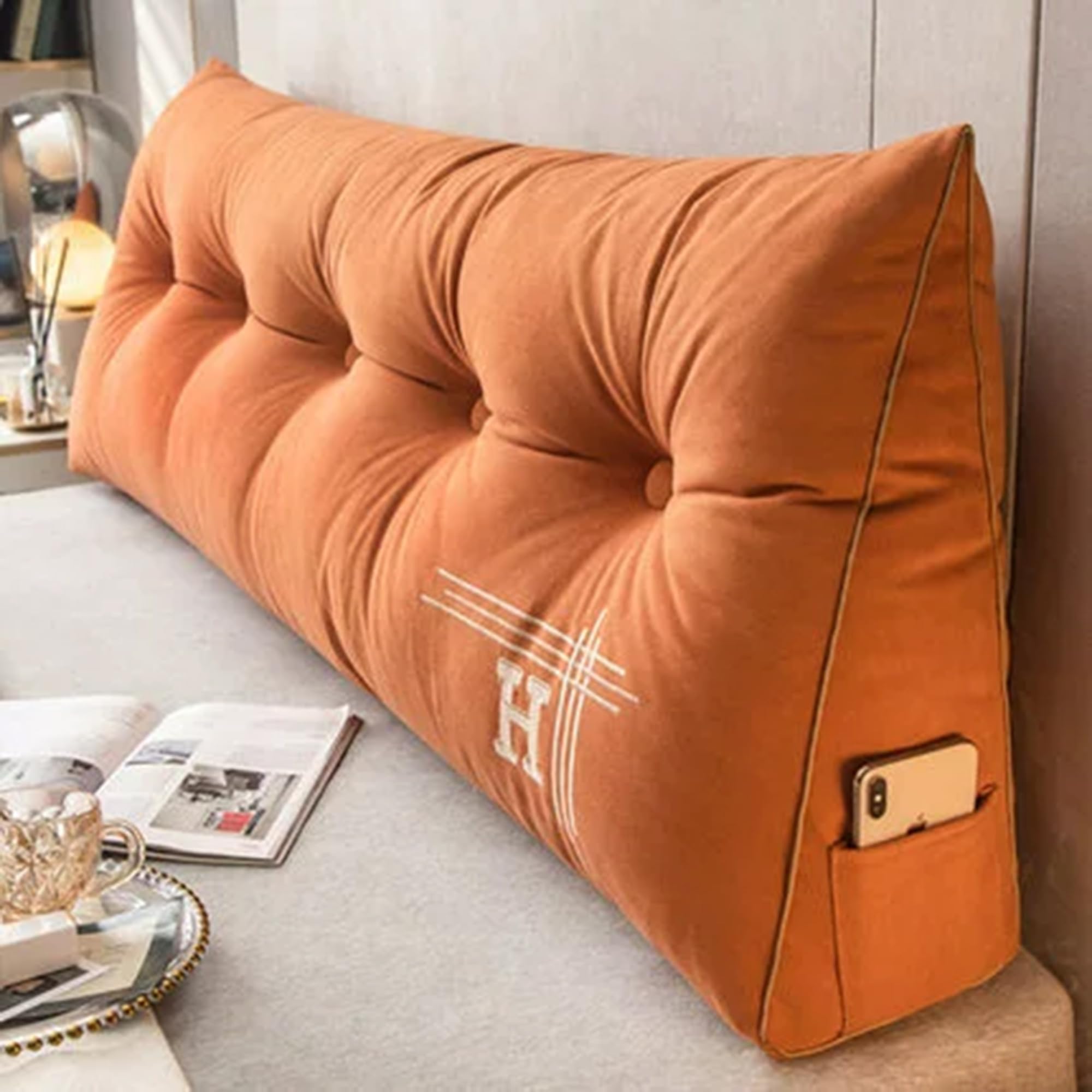 DUOLEH Lumbar Support Cushion Waist Backrest, Triangular Wedge Headboard, Bed Rest Reading Pillow with Pocket & Zipper, Removable Wedge Pillow Support Cushion (100x50x20cm,Orange)