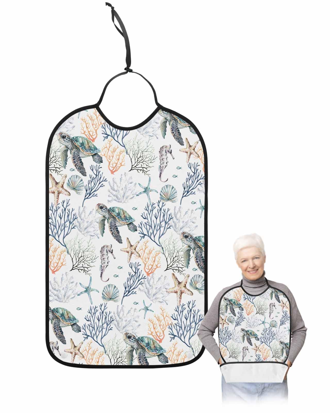 LEOKOTI Nautical Coastal Adult Bibs for Eating, Waterproof Bibs with Food Catcher & Adjustable Snap Closure, Orange Blue Coral Sea Turtle Beach Washable Clothing Protectors Adult Bibs for Elderly