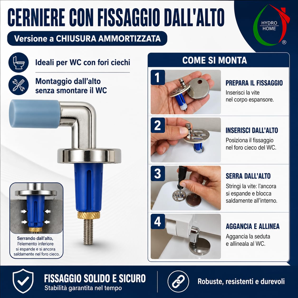 HYDRO HOME Copriwater Compatibile Esedra Ideal Standard Soft Close per Fori Ciechi, Sedile WC Termoindurente Bianco, Tavoletta Avvolgente con Cerniere Regolabili, Ricambio Bagno