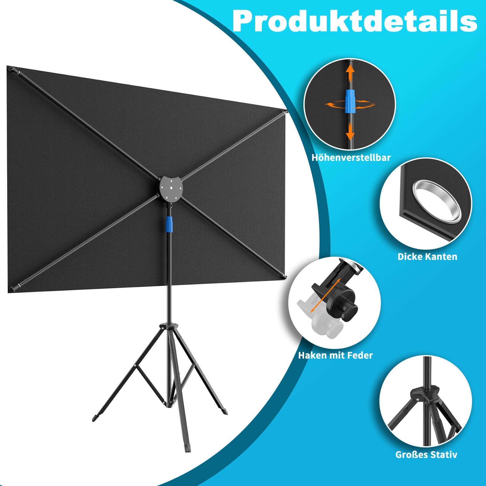 VISULAPEX 80”Grau Leinwand Beamer 16:9 HD, Beamer Leinwand mit Stativ, Ideal für Heimkino Camping und Freizeitveranstaltungen Hinterhof Theater Nächte Tragbare