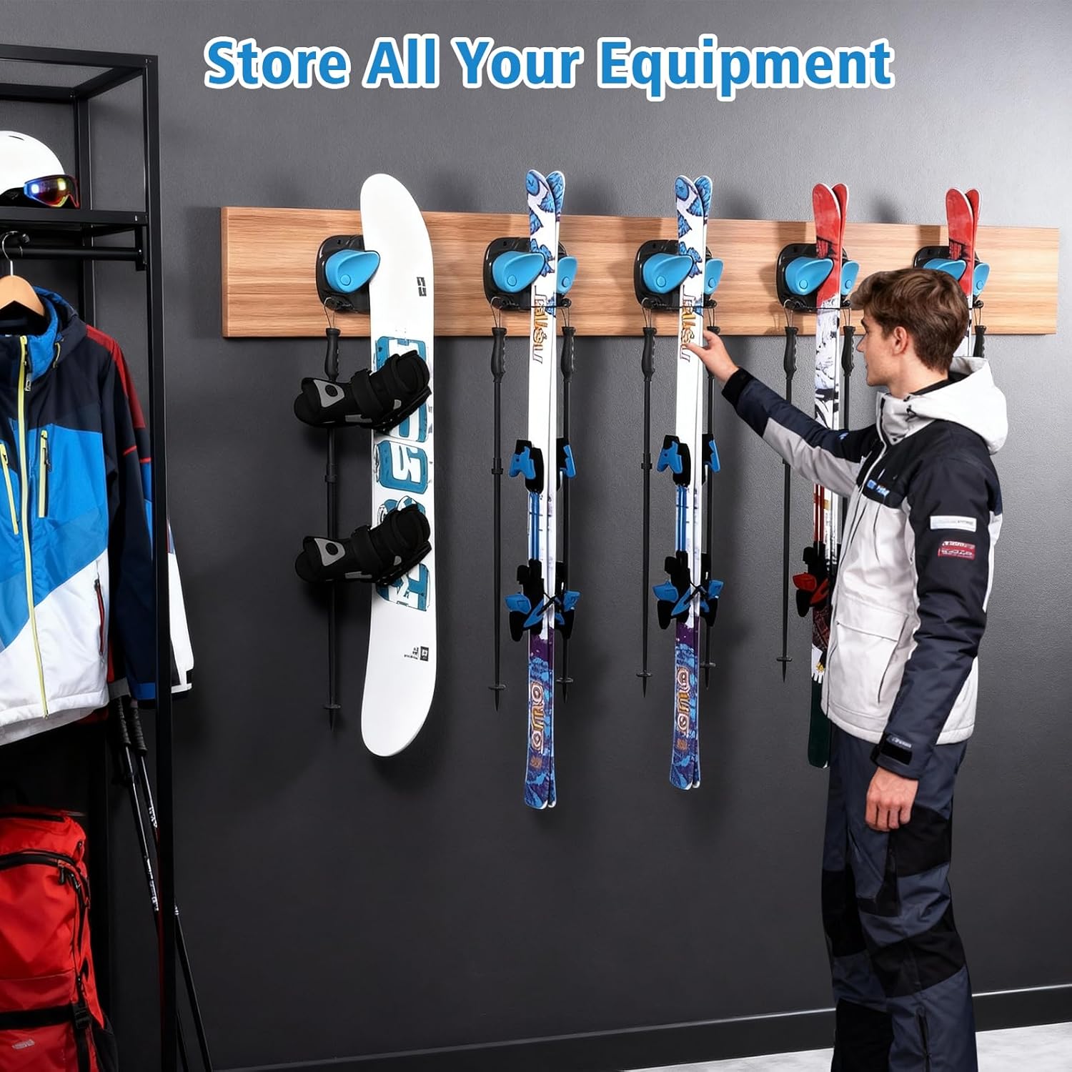 WDZREE Ski & Snowboard Wall Rack for Garage, Fits Any Ski or Board, Ski Wall Mount Garage Organization Holders, Damage-Free Storage Rack, Space-Saving Clamp Winter Gear Organizer, Blue (4 Pack) - Image 2