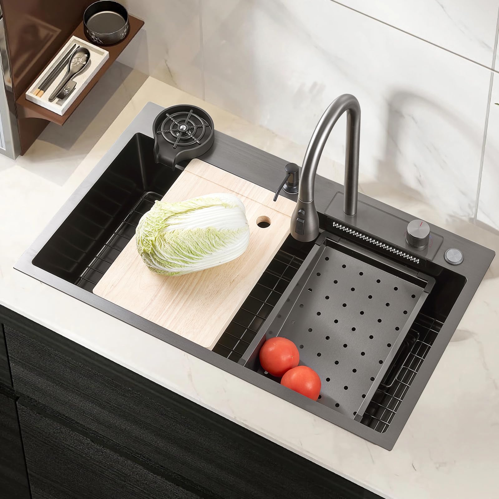 Lavello Cucina 1 Vasca 66 x 50 cm, Grigio Scuro Lavello in Acciaio Inox Lavello Cucina Multifunzionale in Stile Contemporaneo Con set completo di accessori Adatto per bar, balcone, cucina (66 * 50cm)