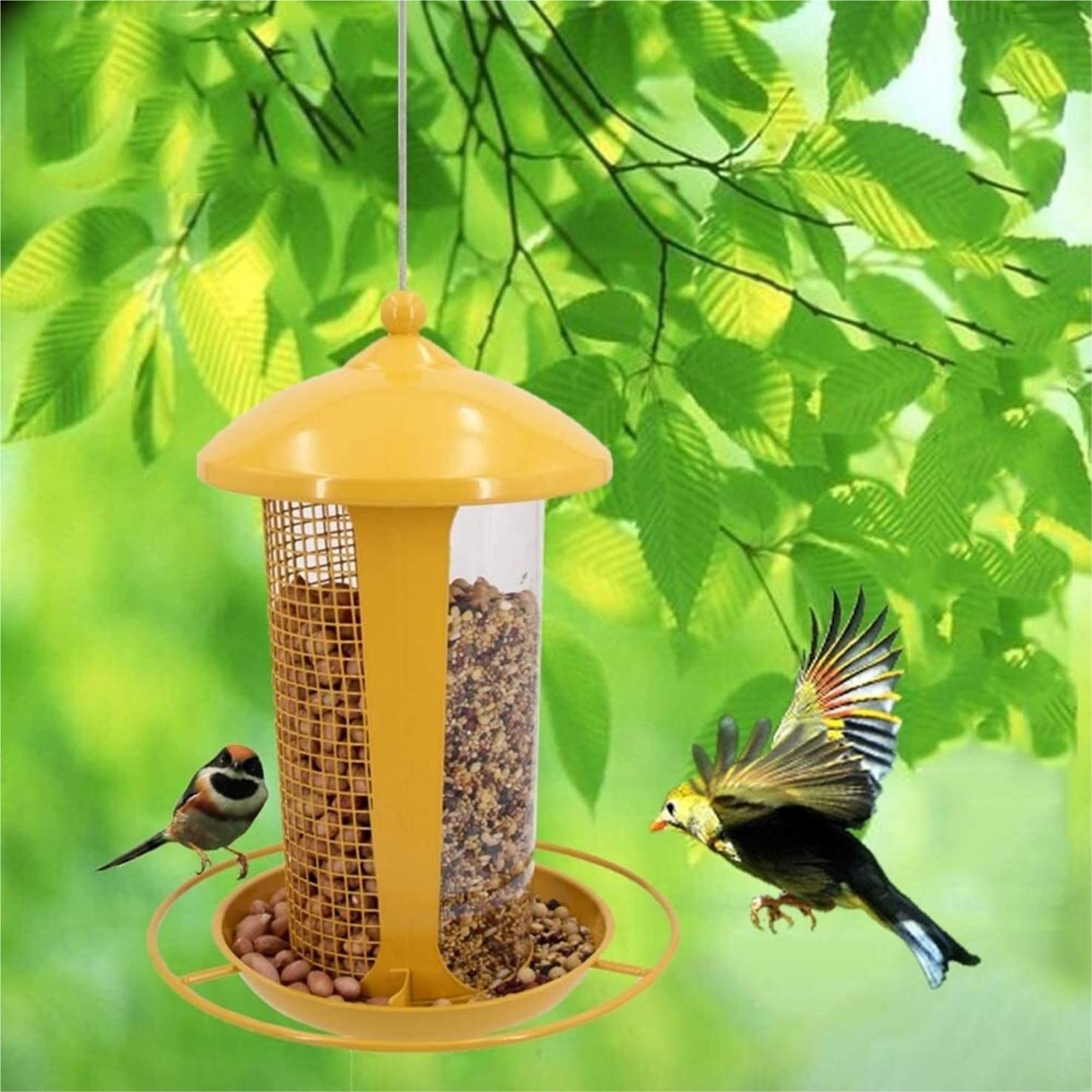 Vogel Futterhaus Hängender Vogelfutterspender Für Haustiere Im Freien Mit Dach Und Tablett Für Gartendekorationen Garten Deko(Yellow)