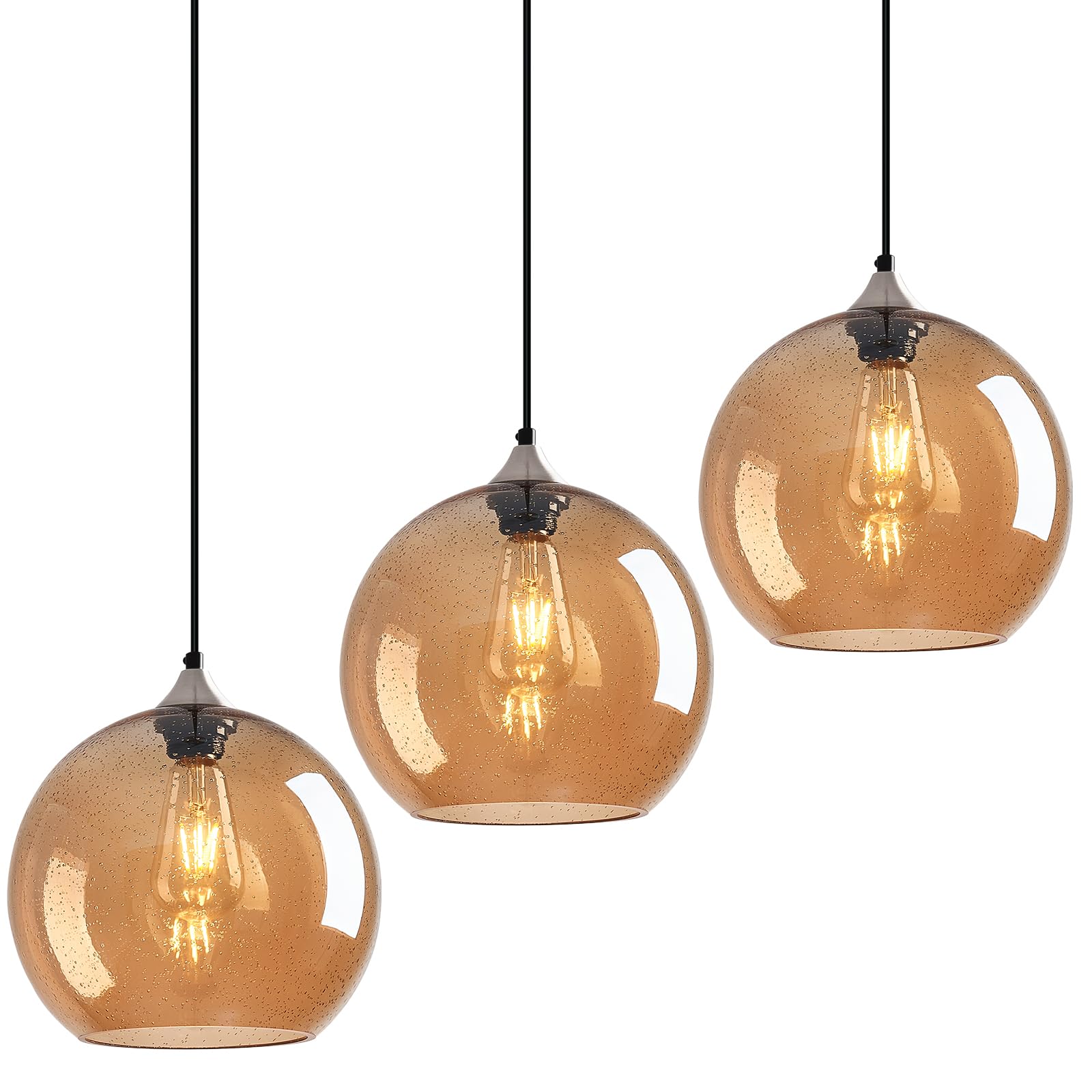 Amber Pendant Lights Kitchen Island 3 Pack, 9.84in Seeded Glass Globe