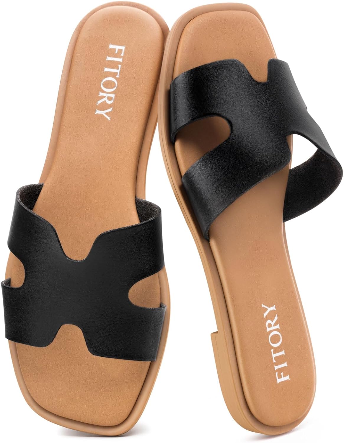 FITORY Women's Slide Sandals, Flat Fashion Square Open Toe with Cushion Slippers for Summer Beach Size 6-11