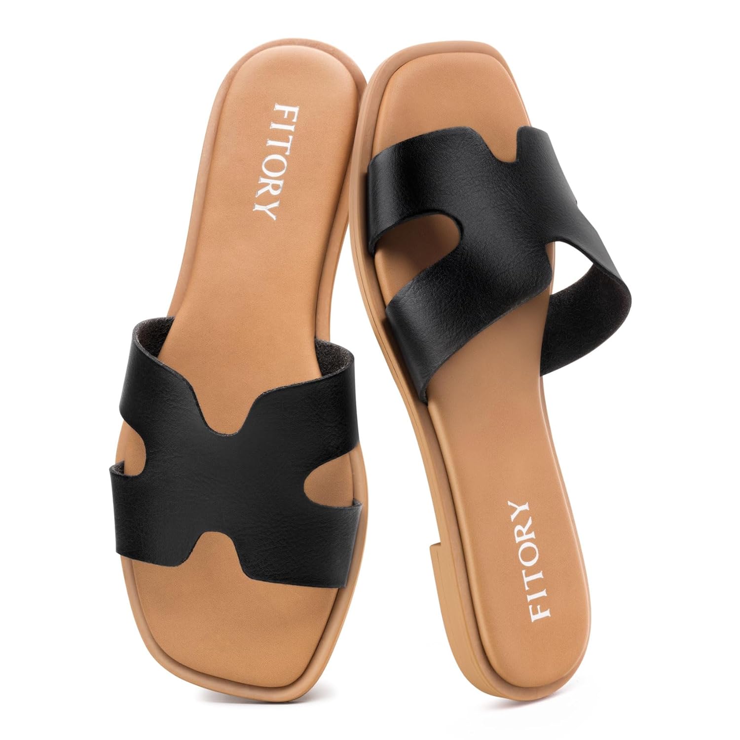 FITORY Womens Slide Sandals Flat Fashion Square Open Toe with Cushion Slippers for Summer Beach