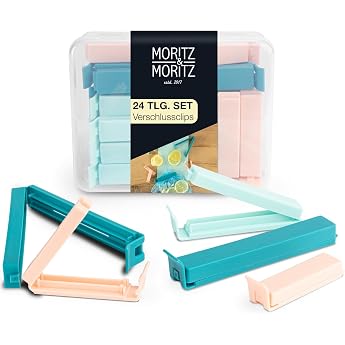 Moritz & Moritz 24 SEAL CLIPS - FREE CONVENIENT BOX - POCKET CLIPS - FOOD STORAGE BAG CLIPS - ALSO SUITABLE AS FREEZER BAG CLIPS