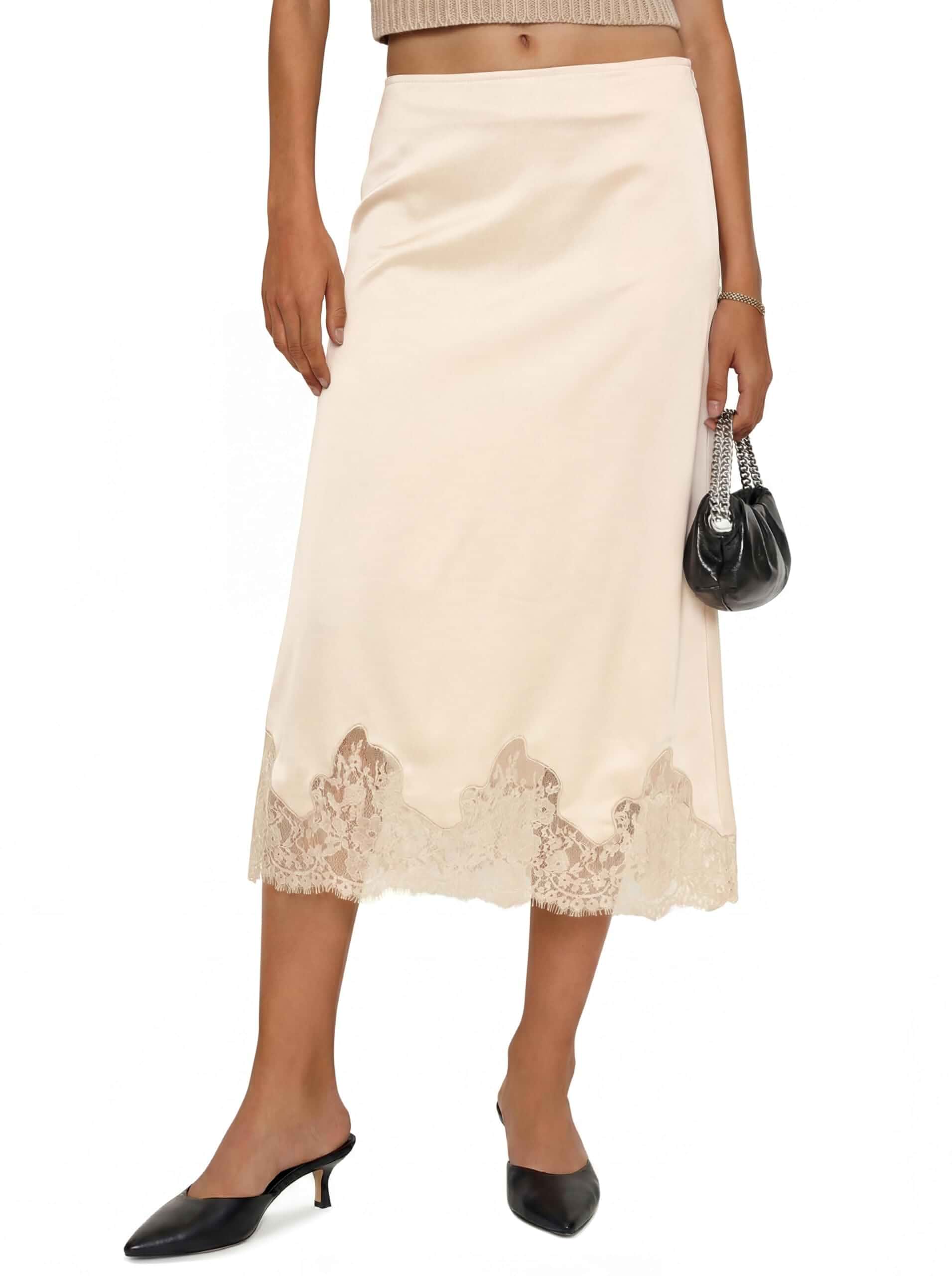 Cicy Bell Women Silk Satin Midi Skirts Casual Dressy Lace Hem Elegant Skirt High Waist A-line Midi Skirt,Lace Hem & Hidden Side Zipper,Elegant Silhouette for Office,Dating,Cocktail Parties,All Seasons