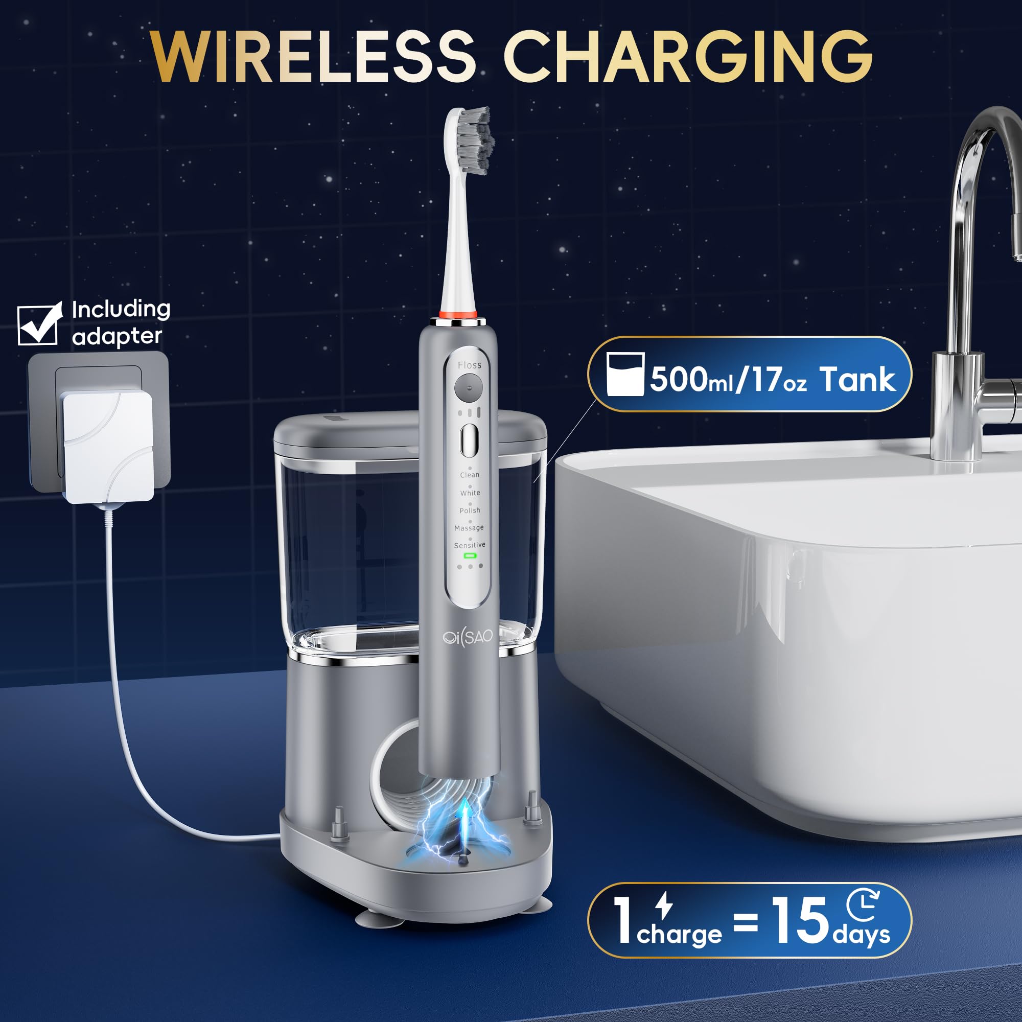 Elektrische Zahnbürste mit Wasserflosser-Combo in einem, professionelle Zahnseide-Zahnbürste für Zahnreinigung und Zahnseide, Plaque-Entfernung, wiederaufladbar, 5 Bürsten-Modi und 3