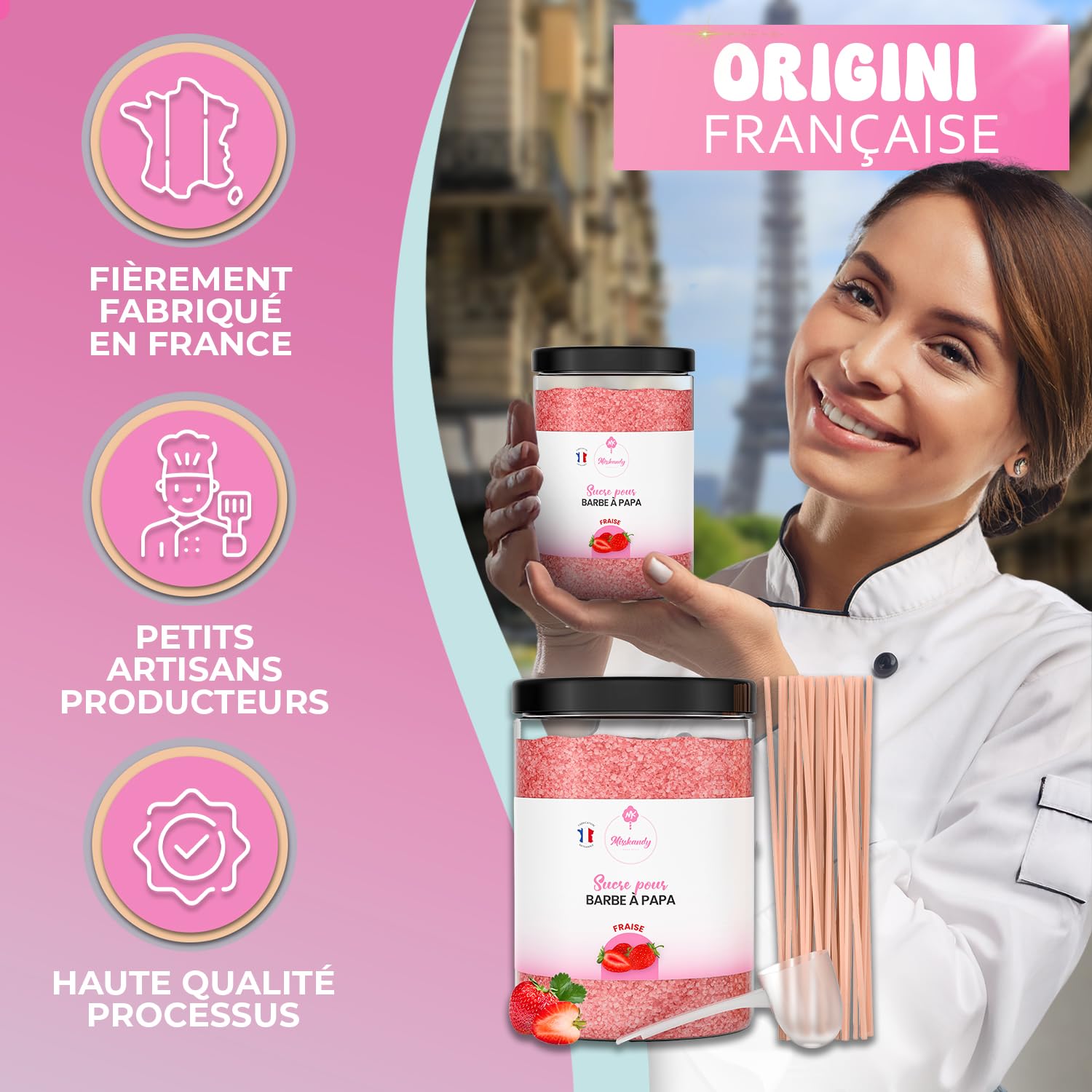 Misskandy®-Sucre Barbe à Papa Fraise 1,340kg (Arôme et Colorant Naturel), pour Machine/poudre barbapapa + 50 bâtonnets (offerts) / Fabriqué en France