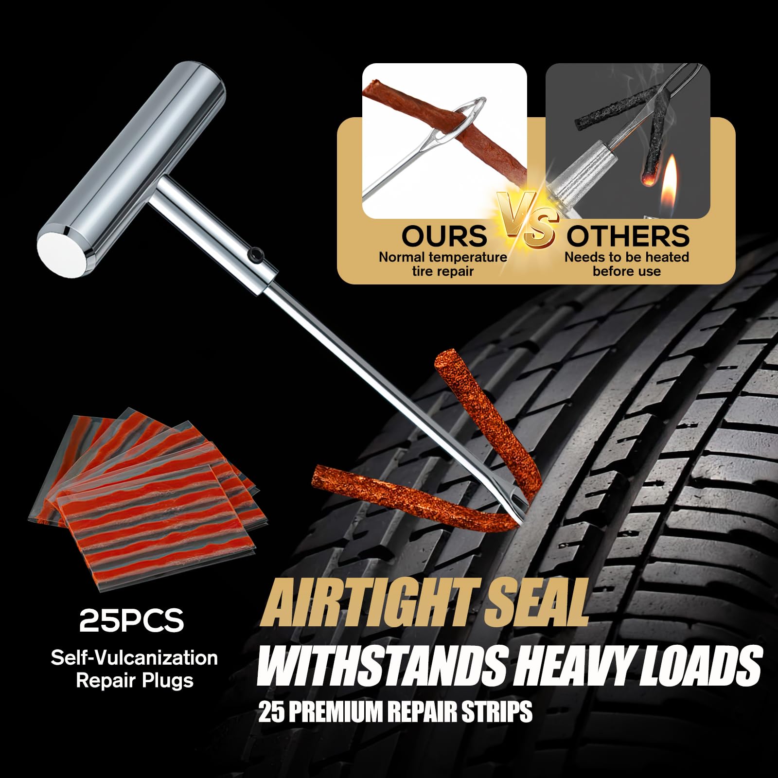 Kit de tapones para neumáticos, kit de reparación de neumáticos de alta resistencia con 2 herramientas de inserción de mango en T de metal resistente para coche, camión, motocicleta, ATV