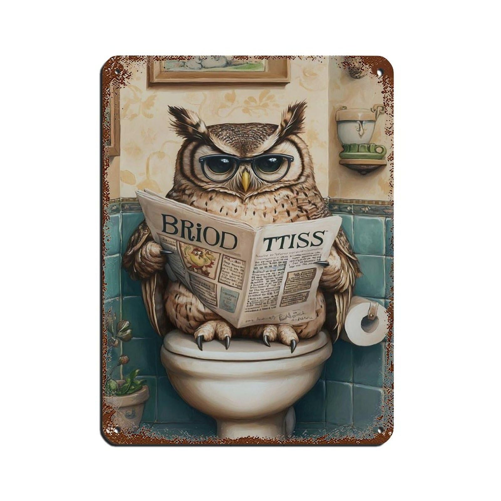 Whimsical Owl Reading Newspaper Retro Poster Metal Tin Sign Chic Art Retro Iron Painting Bar People Cave Cafe Family Garage Poster Wall Decoration 12x16inch(30x40cm)
