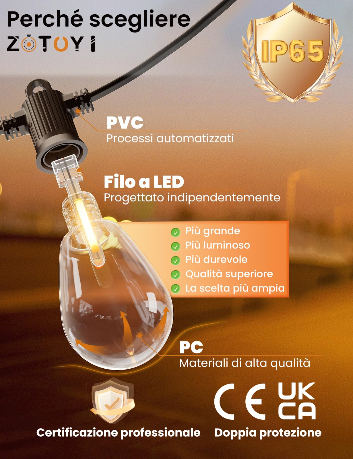 ZOTOYI 120FT LED Catena Luminosa Esterno IP65 Impermeabile - S14 Catena di Lampadine da Esterno ​Decorazioni natalizie/festività, ​Balconi urbani, ​Hotel/B&B, ​Feste a tema