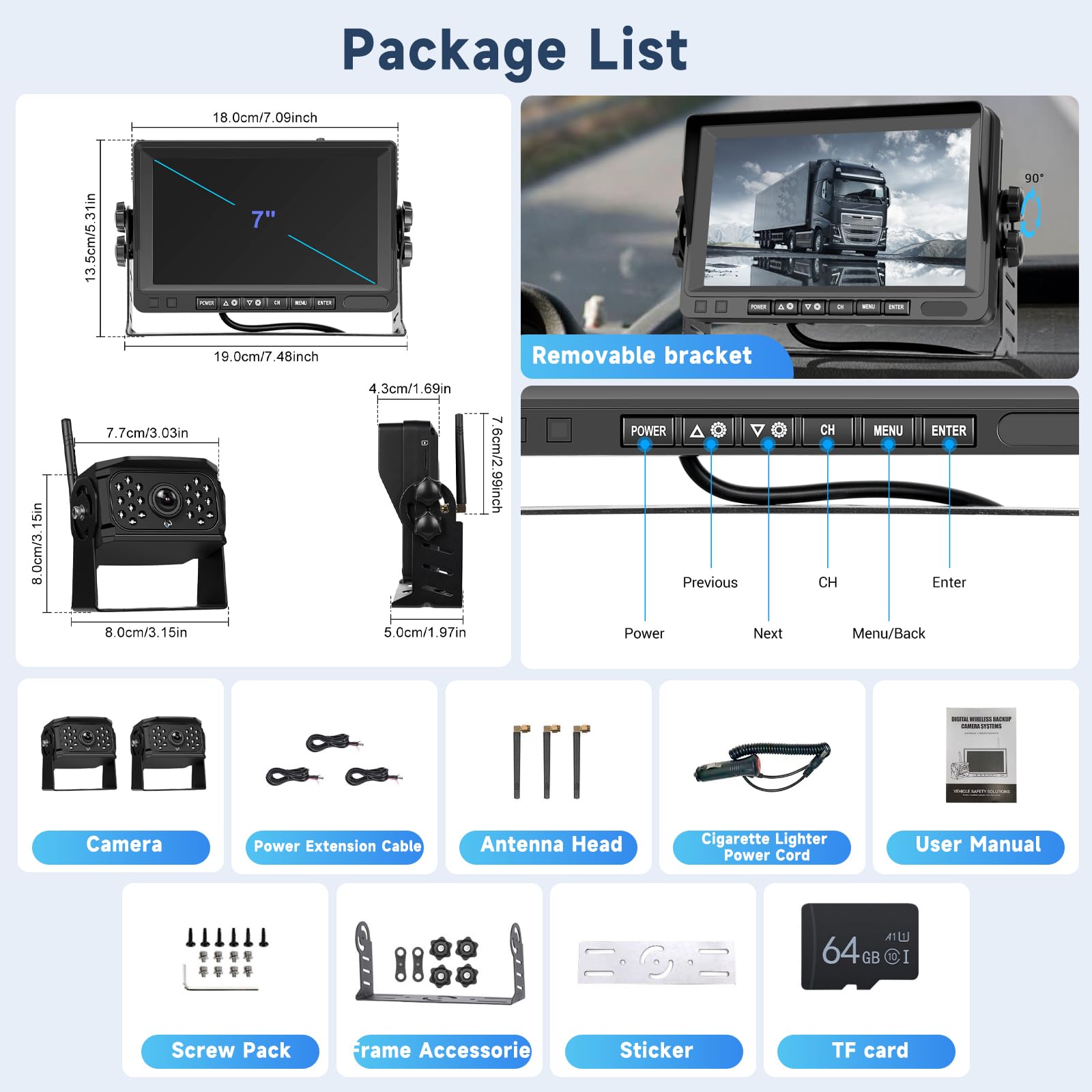 Hodozzy Rückfahrkamera-Set 2 Kameras Digital Kabellos 7 Zoll IPS Bildschirm Monitor Wasserdicht IR LED Nachtsicht Dual Rückfahrkamera Funk Unterstützung Loop Aufnahme 12V-36V für LKW/Wohnmobil/Auto