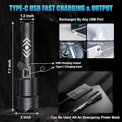 Miniatura 6 de Alifa Linternas recargables de alto lúmenes, 990000 lúmenes, linterna táctica LED, 5 modos, linterna súper brillante con zoom, IPX67 impermeable,