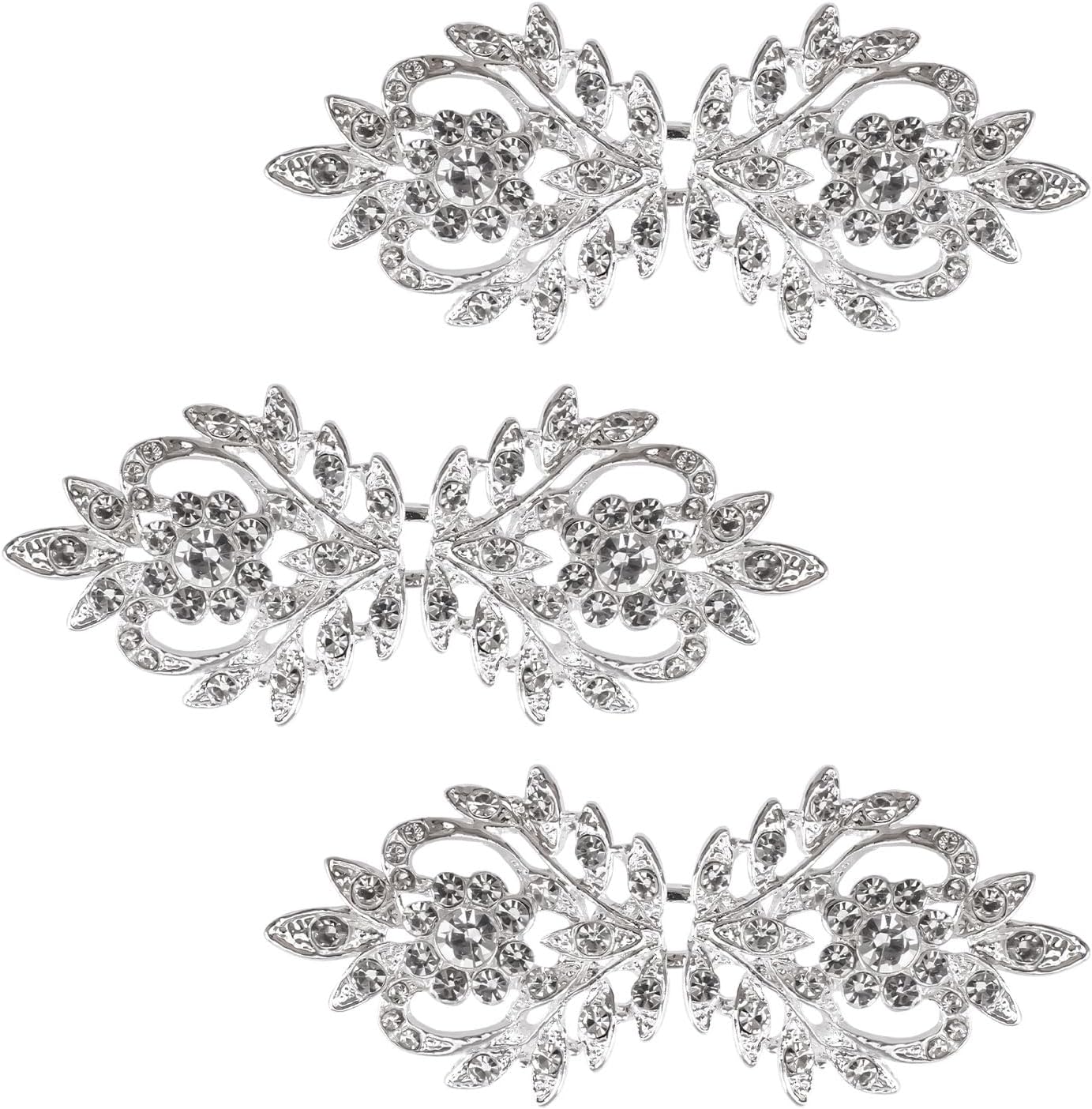 WANDIC Cloak Clasp Fasteners, 3 Pairs 7CM White Clips with Rhinestone Vintage Cape Sew On Hooks and Eyes Clasps Cardigan Clips for Clothing Sweater Shawl