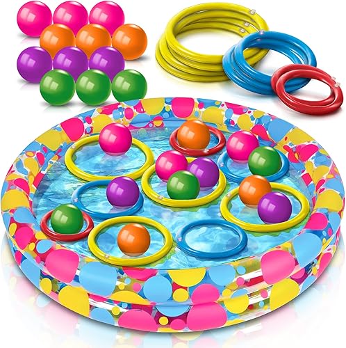 Gamie Juego de lanzamiento de anillos flotantes para niños, juego de carnaval al aire libre con piscina inflable, anillos flotantes y bolas de