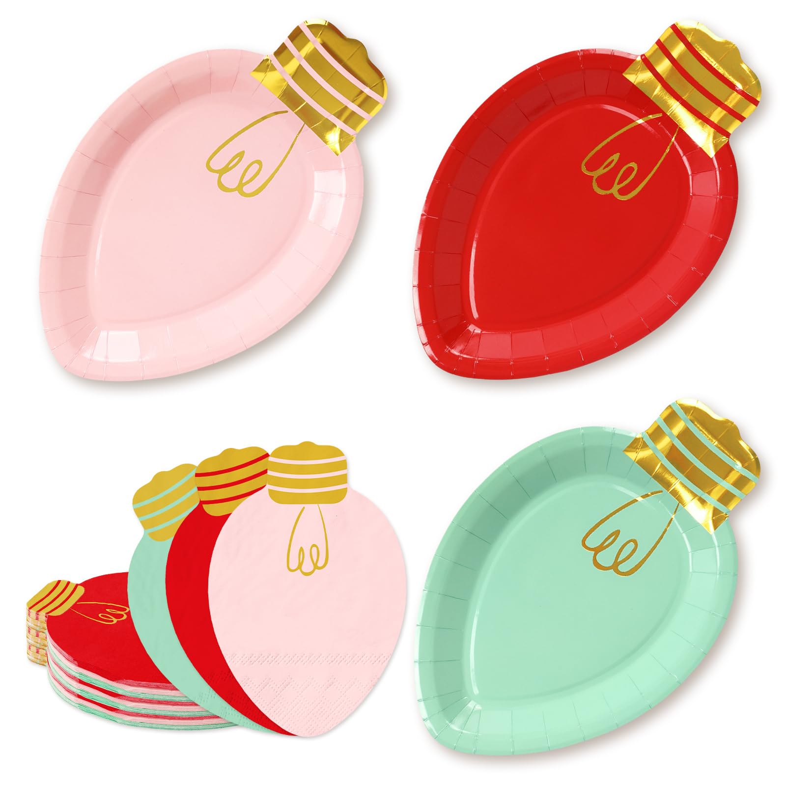 Whaline 60Pcs Christmas Party Supplies Boho Xmas Light Tableware Set Green Red Pink Disposable Dinnerware 30Pcs Paper Plate 30Pcs Lunch Napkin for Winter Party Table Decor