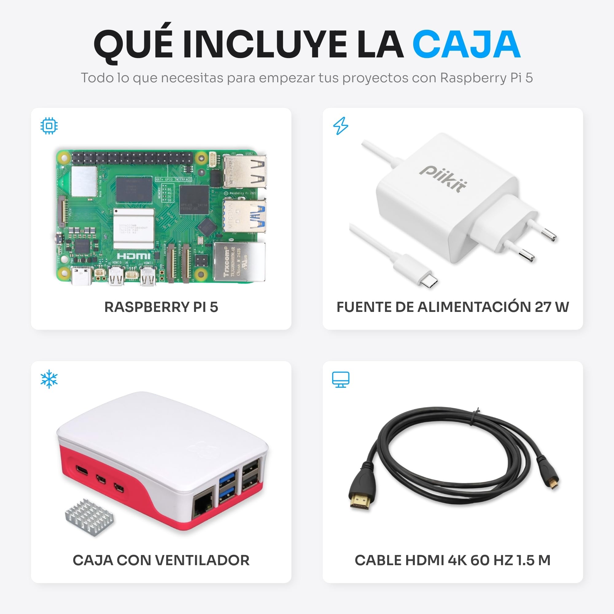 Starter Kit para Raspberry Pi 5 4 GB - Edición Esencial | Fuente de Alimentación 27 W | Caja con Ventilador Integrado y Disipador de Calor | Cable Micro-HDMI 4K 60 Hz