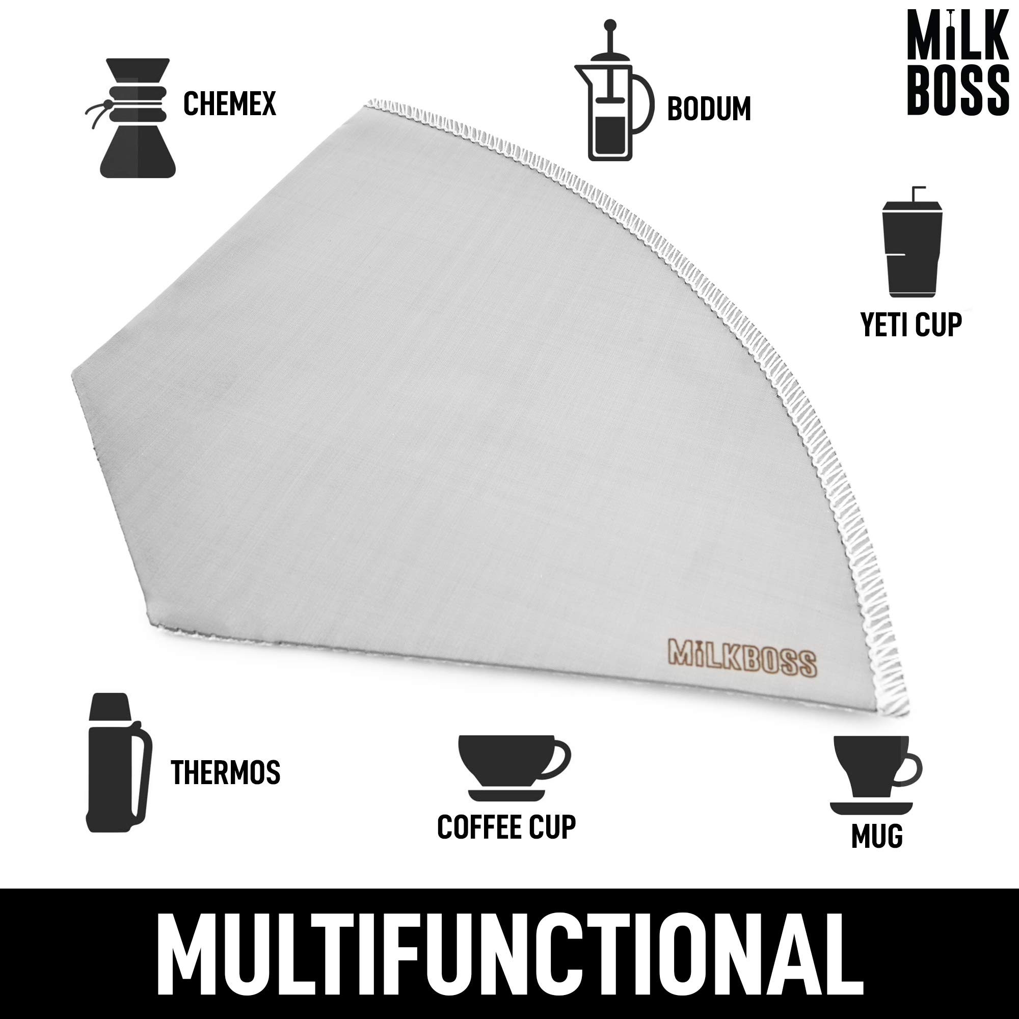Milk Boss Pour Over Kaffeefilter – Permanent papierloser Edelstahl wiederverwendbarer Kaffeefilter – Flexibler feiner NetzKaffeefilter wiederverwendbar für Hario, Chemex, Ovalware und andere