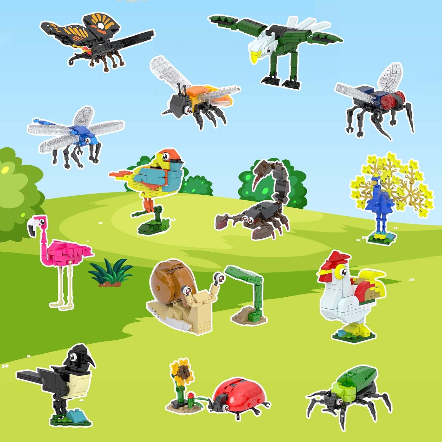 ELX 14 Packs Animals Party Favors, 1223 PCS Building Blocks Toy Set Birthday Party Goodie Bags Stuffers for Kids, Classroom Prizes STEM Educational Building Toy, Present for Boys Girls Ages 4-8 8-12 Insect